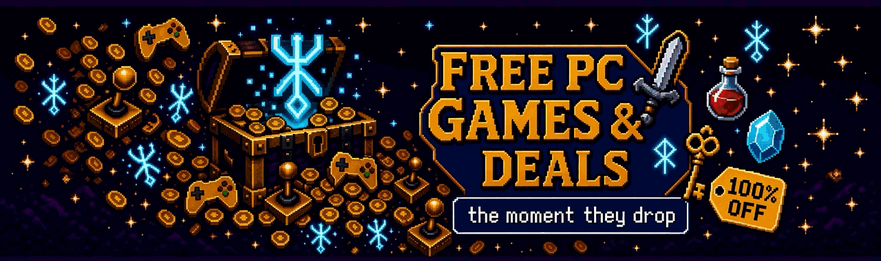 LootRune banner: an open treasure chest with a glowing cyan rune, spilling gold coins, game controllers and joysticks, next to the headline “Free PC games & deals, the moment they drop”, with a sword, a red potion, a blue gem, a gold key and a “100% off” price tag on a starry night sky